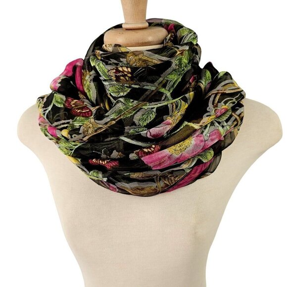 Large Silk Blend Rectangular Scarf Sheer Pink Yellow Floral on Black 42 X 76 - Picture 10 of 10